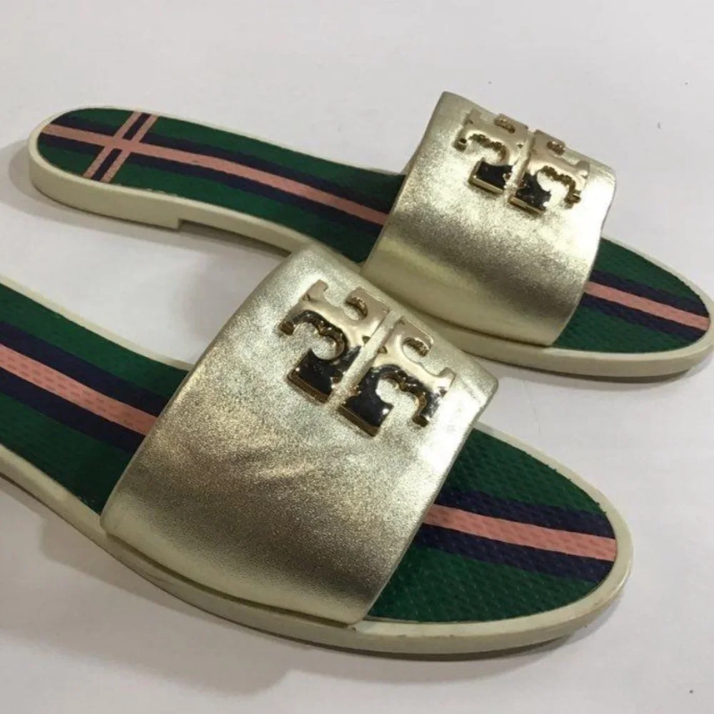 Women’s Tory Burch Metallic Gold Slide Flat Sandals Size 8M